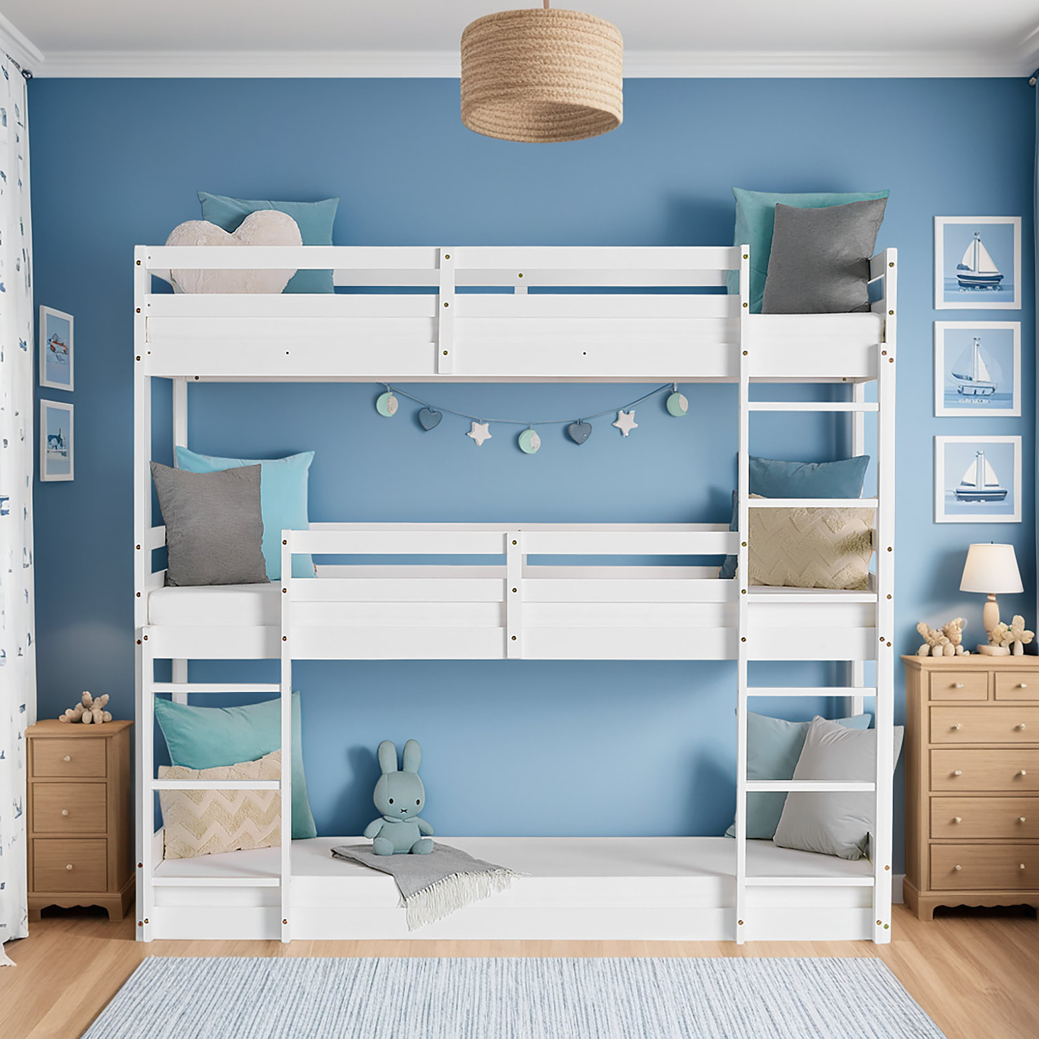 Bunk Bed 3 Levels 90x200 cm White | Ladders White | with Slatted Frame