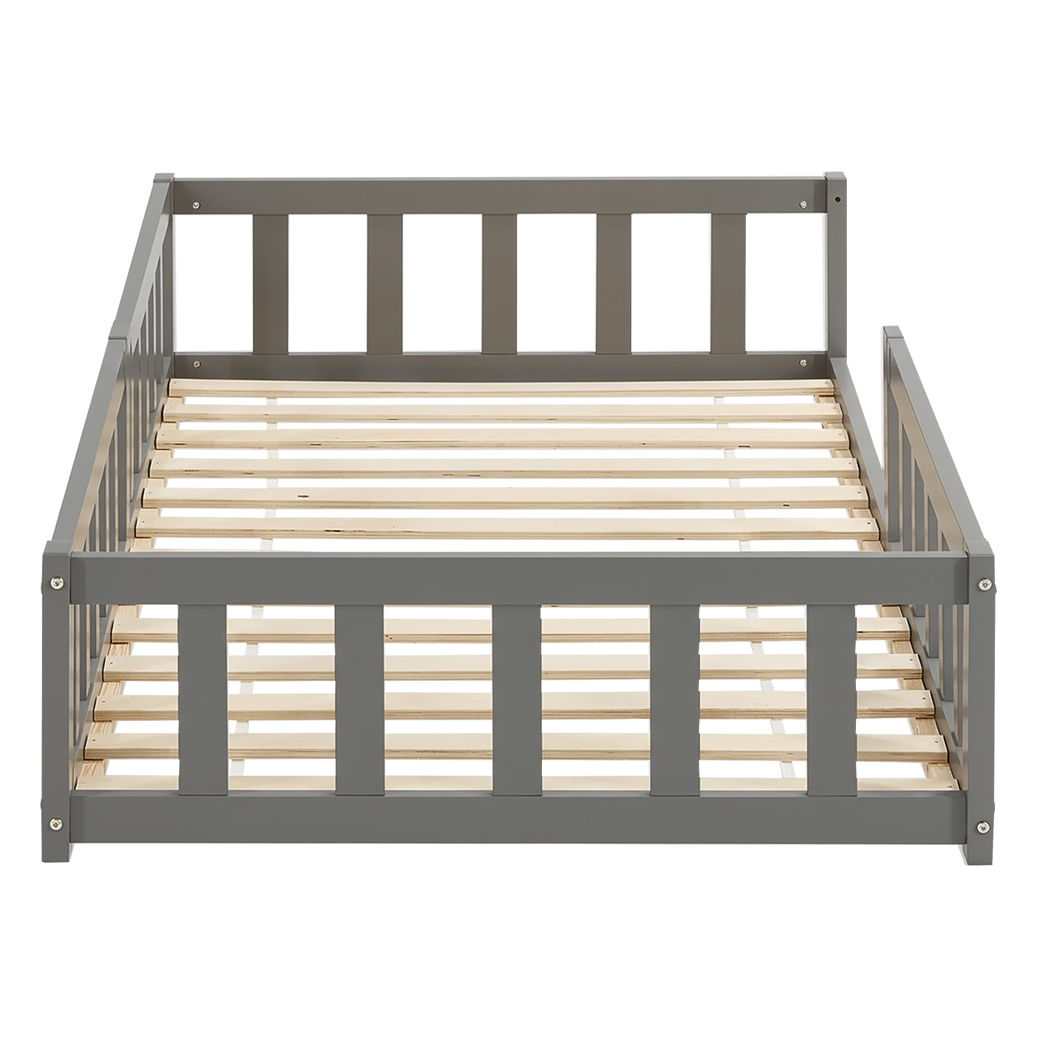 Children's Bed 90x200 Grey | Floor Bed with Slatted Frame | with Fall Protection | Montessori