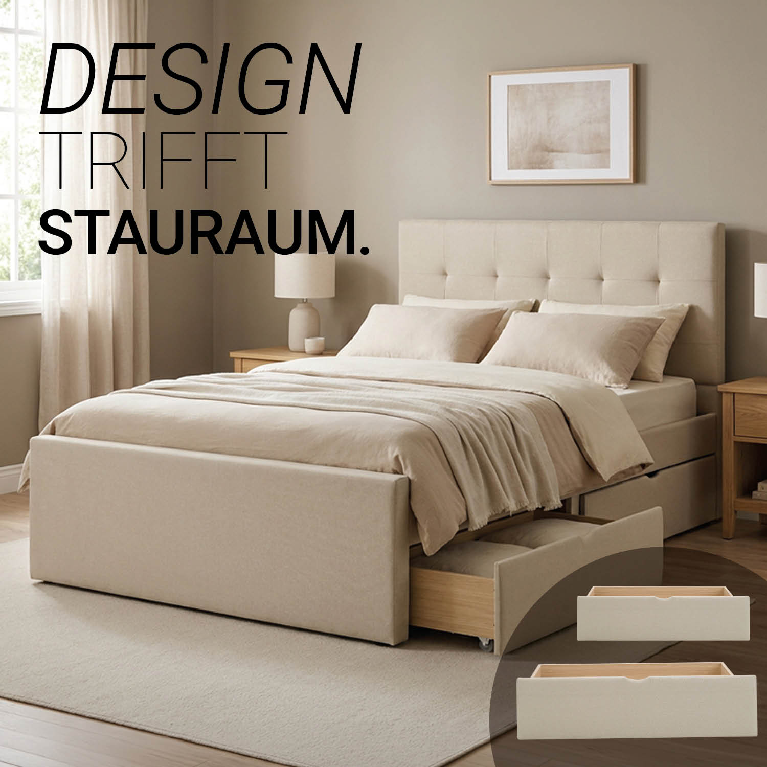 Upholstered bed 140x200 cm beige | with slatted frame | with 2 bed drawers | double fabric bed frame