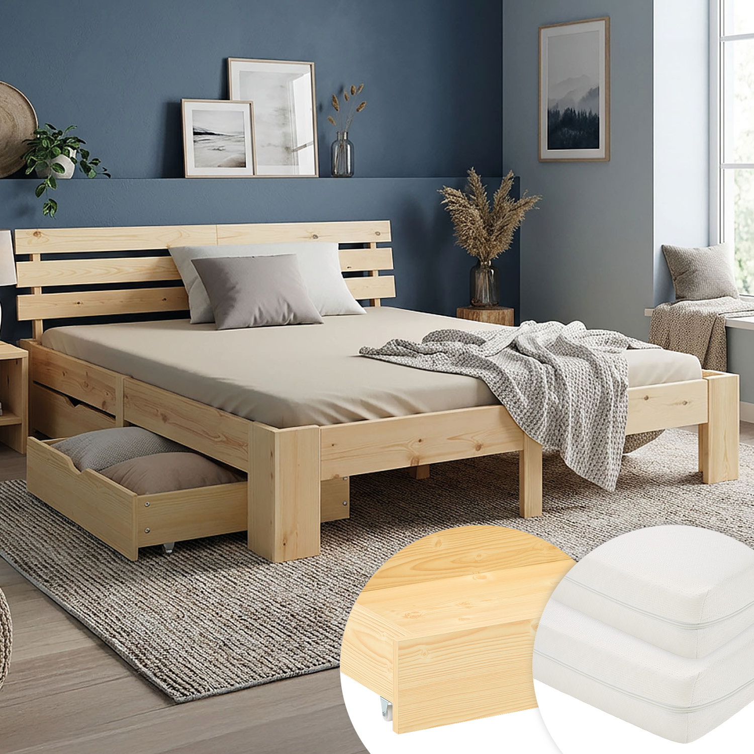 Wood Bed 180x200 cm Natural | Double Bed with Storage 2 Drawers | with Mattress | Solid | Youth Guest Bedroom