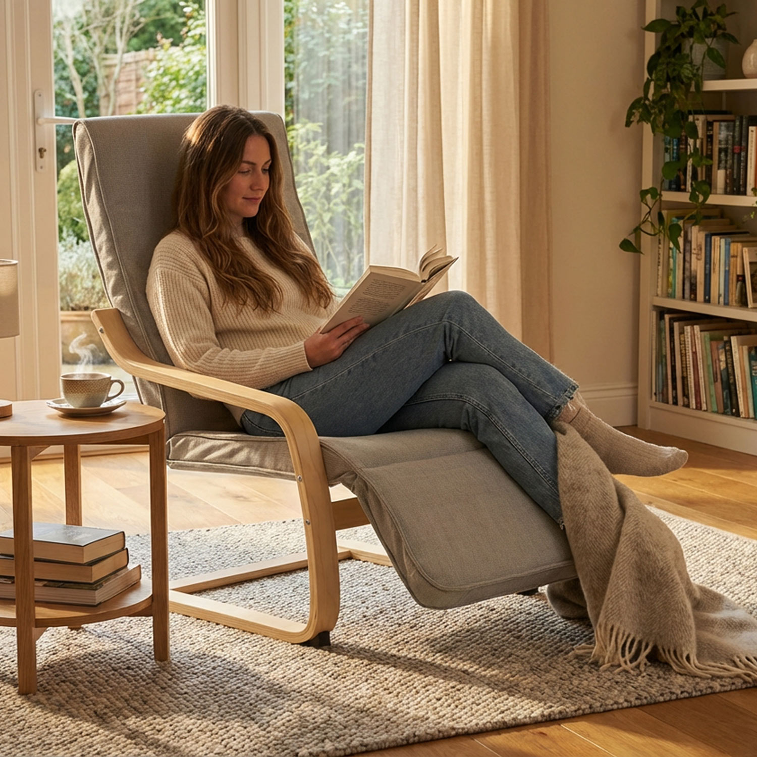 Relaxsessel Corduroy Grey | with Footrest | Natural Wood | Glider Rocking Chair Nursing Chair Recliner
