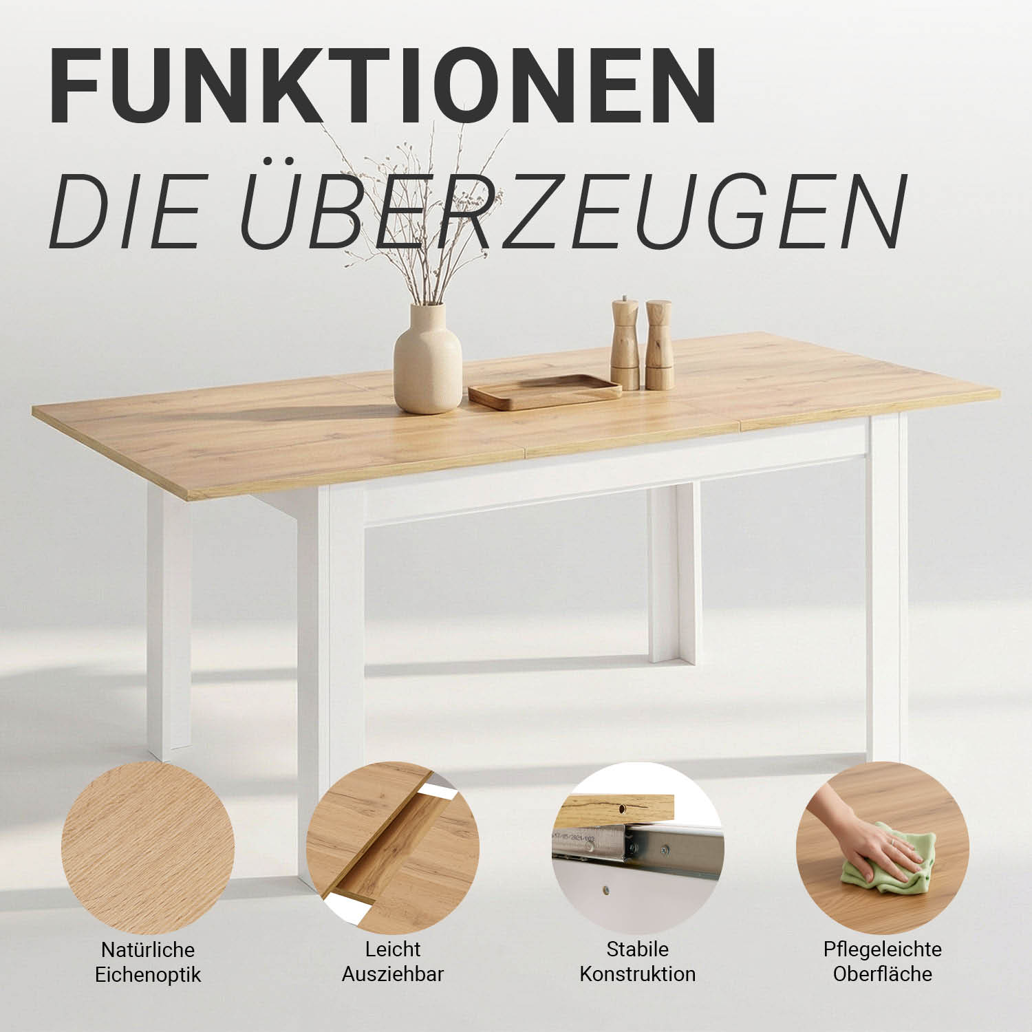Modern Dining Table Kitchen Table White Wooden Table 135x86 cm Wotan Oak 8 Seater Extendable