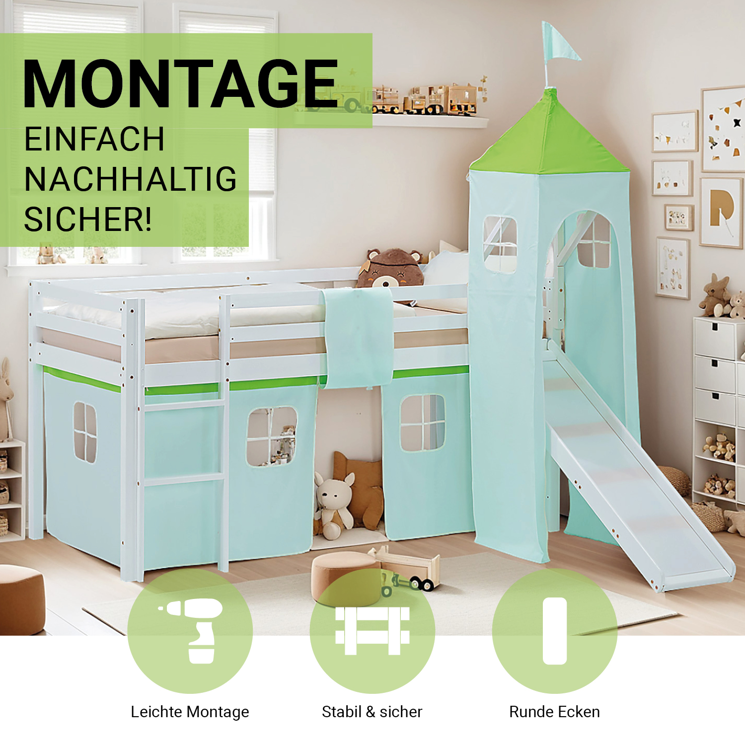 Loft Bed for Kids 90x200 cm White with Curtain in Green | Slide | Tower | with Slatted Frame and Mattress
