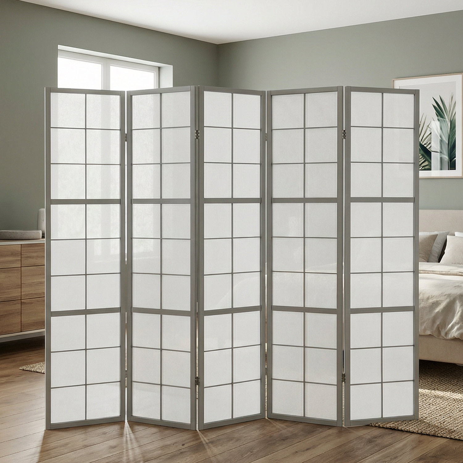 Paravent Grey Shoji | 5-panel | Wood | Room Divider | Partition Privacy Screen