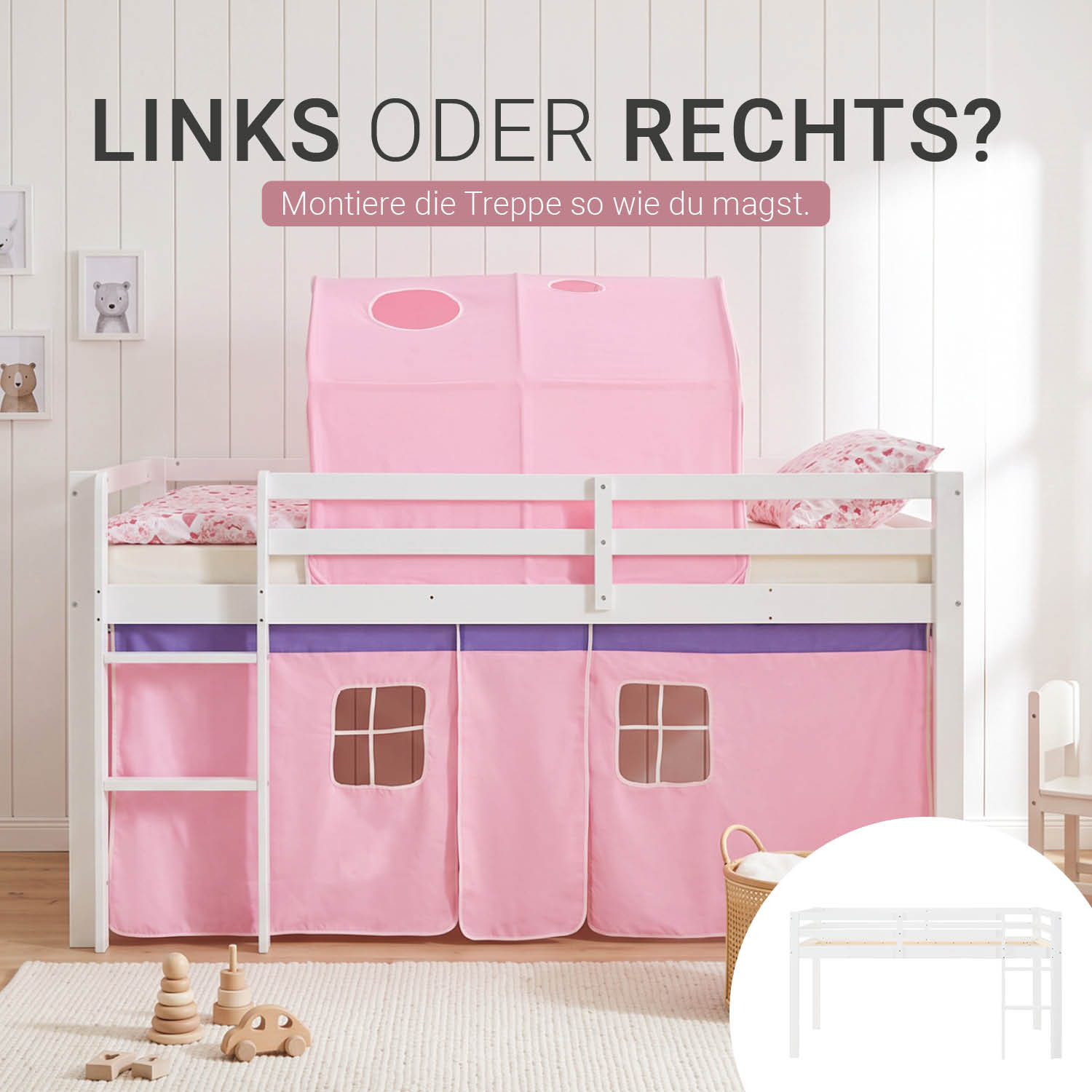 Children's Loft Bed 90x200 cm White with Pink Curtain | Tunnel | Without Slatted Base