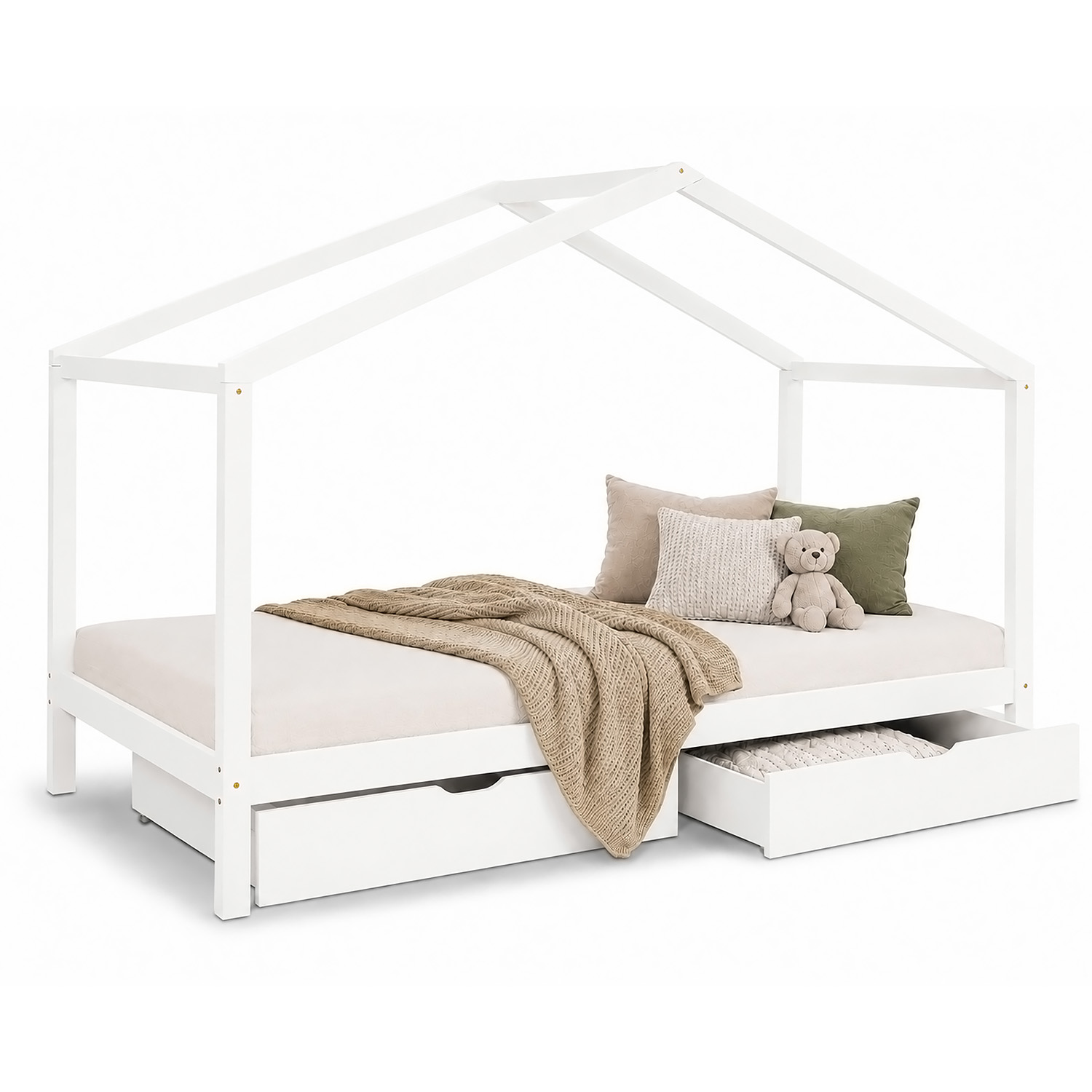 Children's Bed with mattress 90x200 House Bed Kids Bed Wooden Bed White Cot Drawer