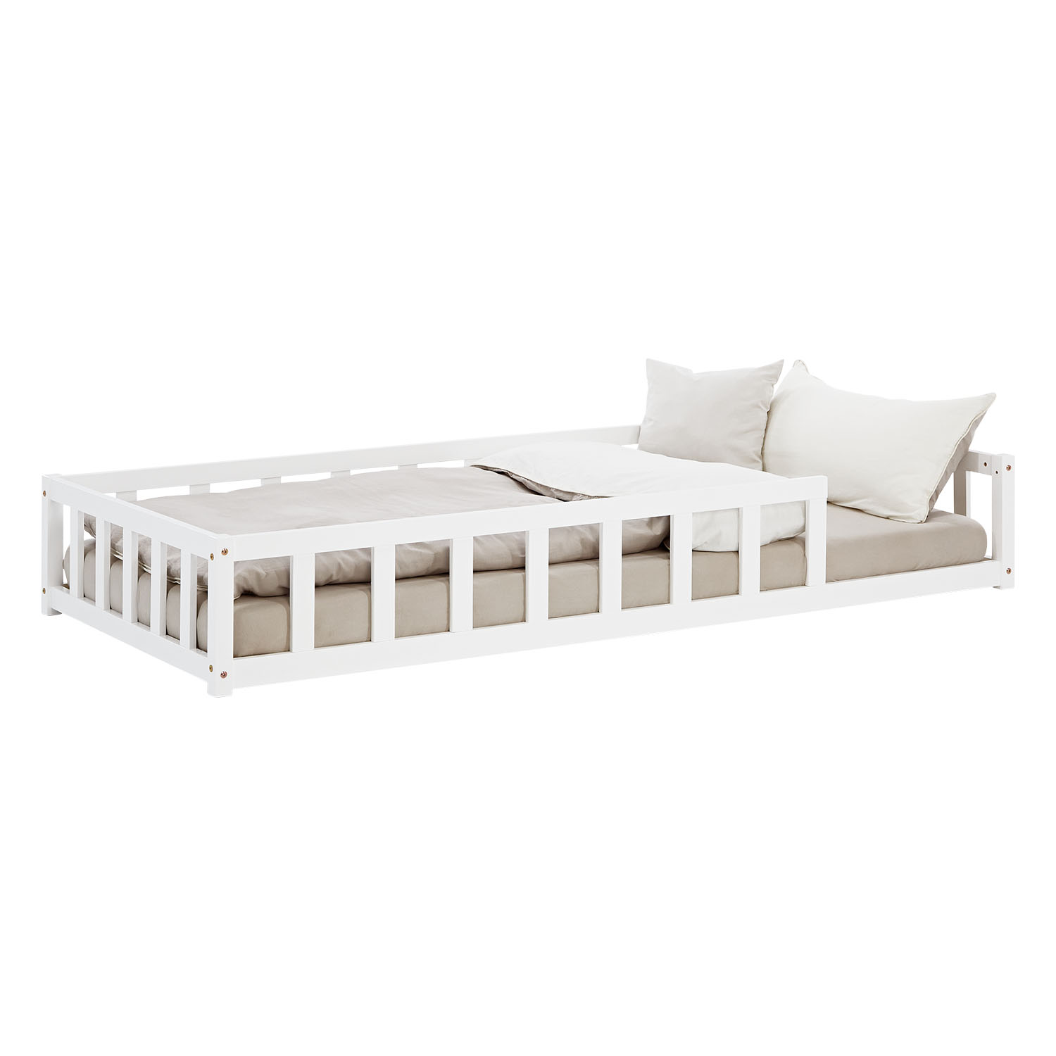 Children's Bed 90x200 White | Floor Bed with Mattress & Slatted Frame | with Fall Protection | Montessori