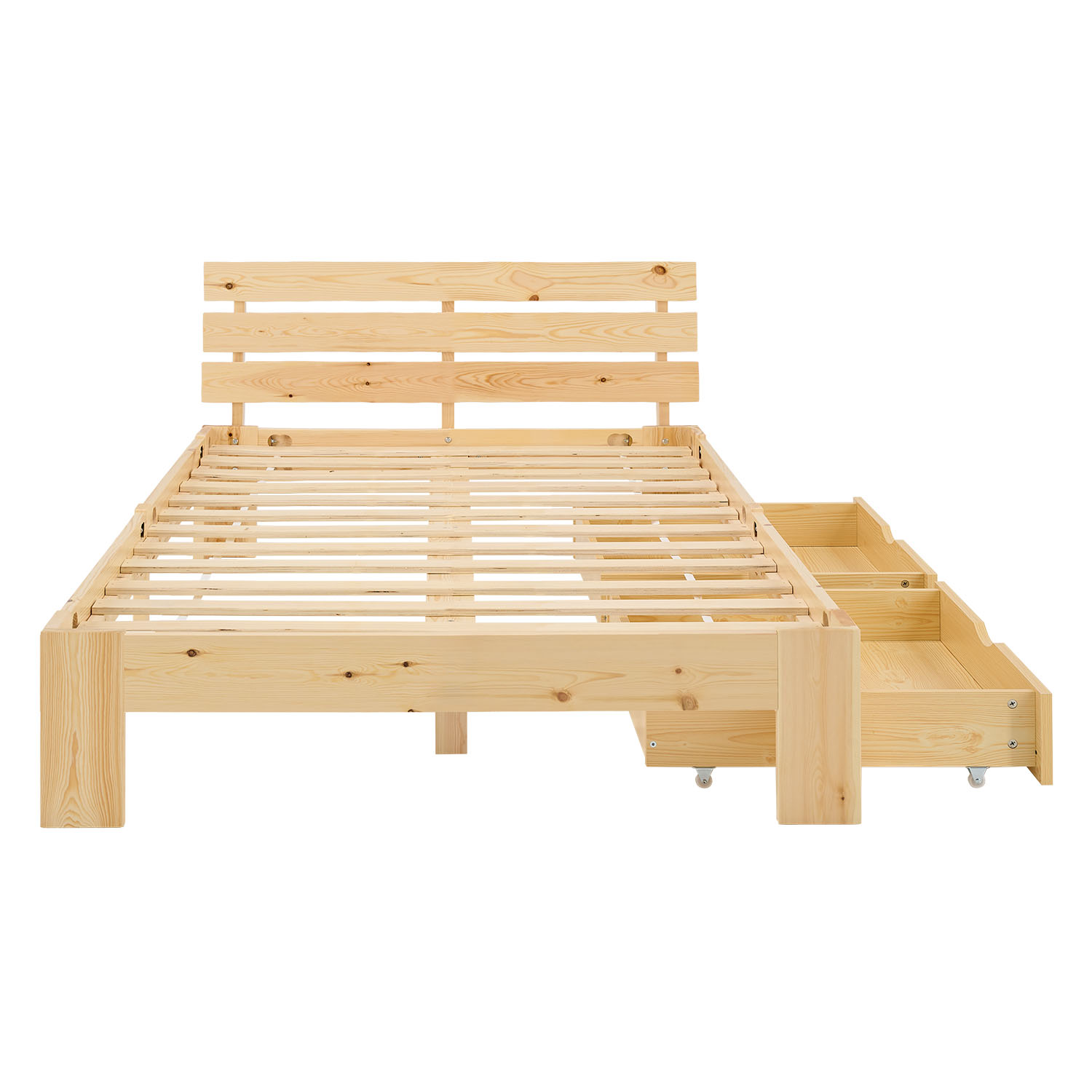 Wood Bed 90x200 cm Natural | Small Double Bed | with Mattress | 2 Drawers | Kids Youth Guest Bedroom