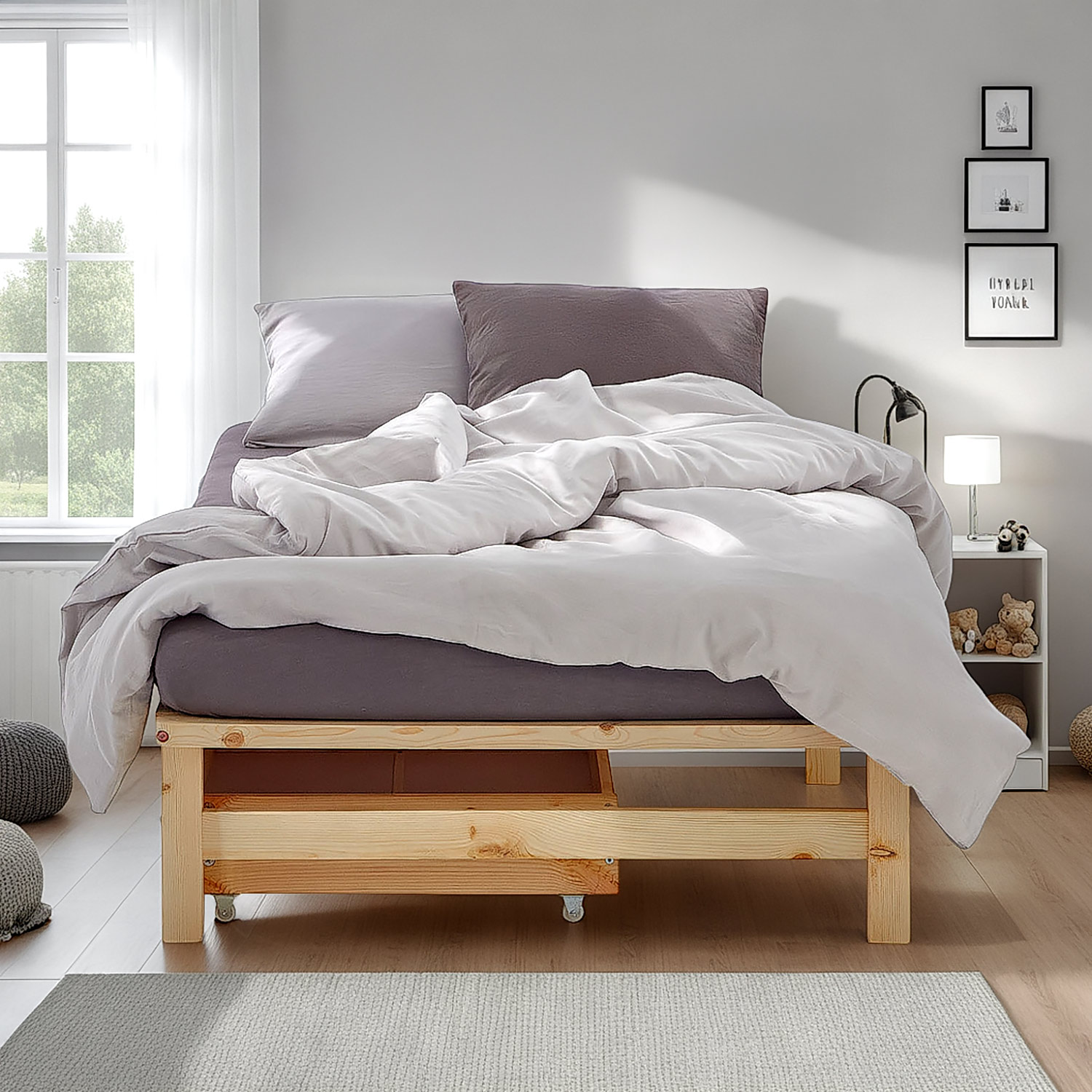 Pallet Bed 90x200 cm Natural | Single Bed with Storage Drawers | with Mattress | Wood | Kids Youth Guest Bedroom