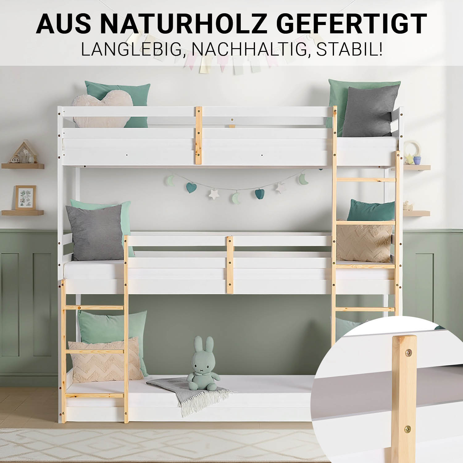 Bunk Bed 3 Levels 90x200 cm White | Ladders Natural | with Slatted Frame