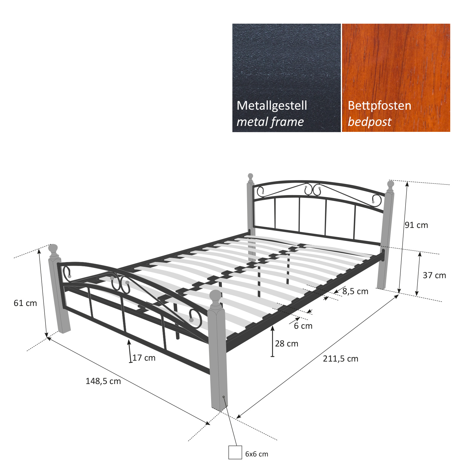 Metal Bed Iron Bed Double 140 x 200 Wood Slatted black brown bed frame 8077