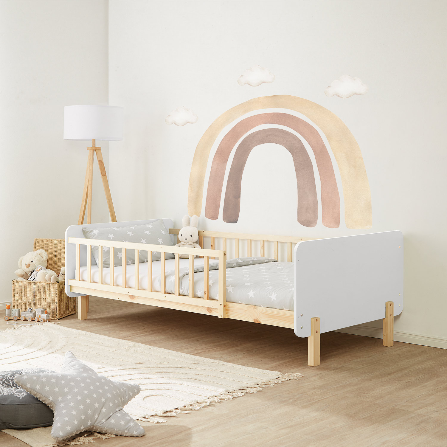 Single bed 90x200 cm White Green Red Wooden Bed frame Toddler bed with safety rail Kids bed Childrens bed Mattress Slatted frame