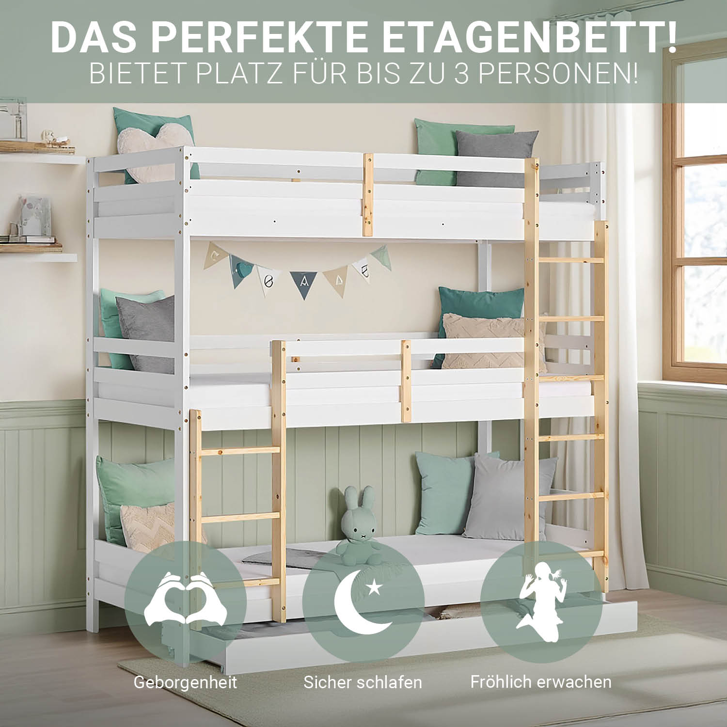 Bunk Bed 3 Levels 90x200 cm White | Ladders Natural | with Bed Drawer | with Slatted Frame
