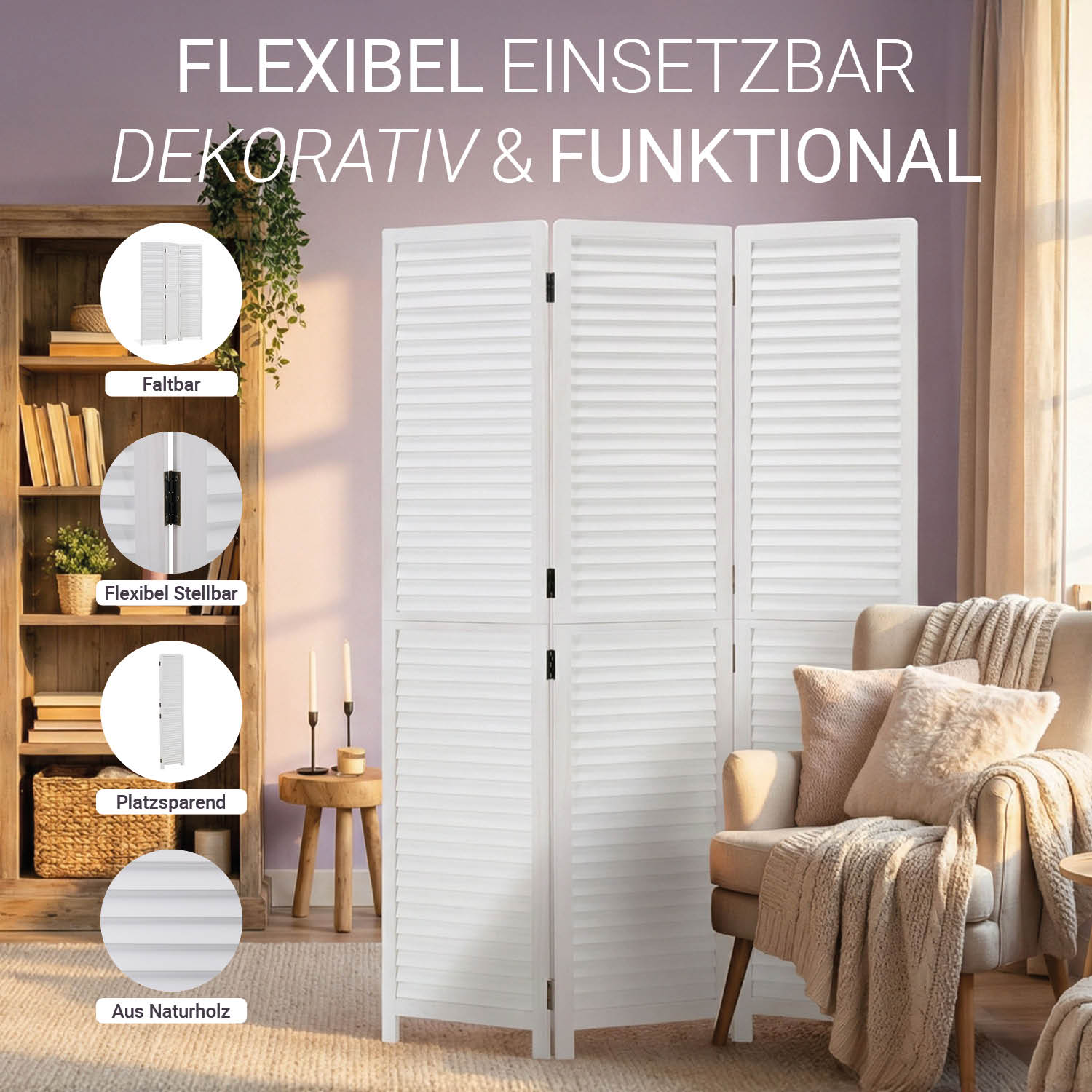 Paravent White Wooden Slats | 3-panel | Wood | Room Divider Partition Privacy Screen