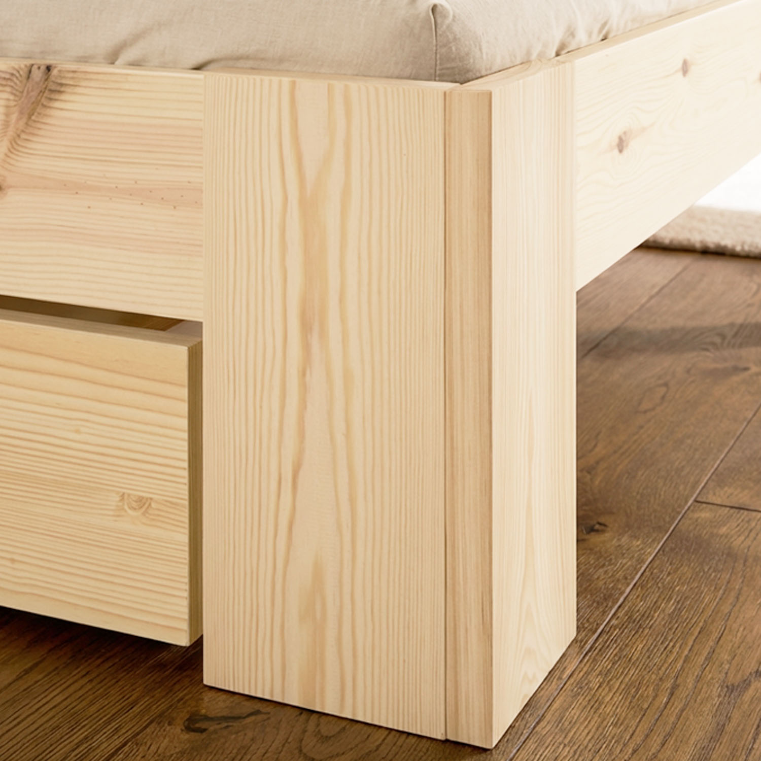 Wood Bed 140x200 cm Natural | Double Bed with Storage 2 Drawers | with Slatted Frame | Solid | Kids Youth Guest Bedroom