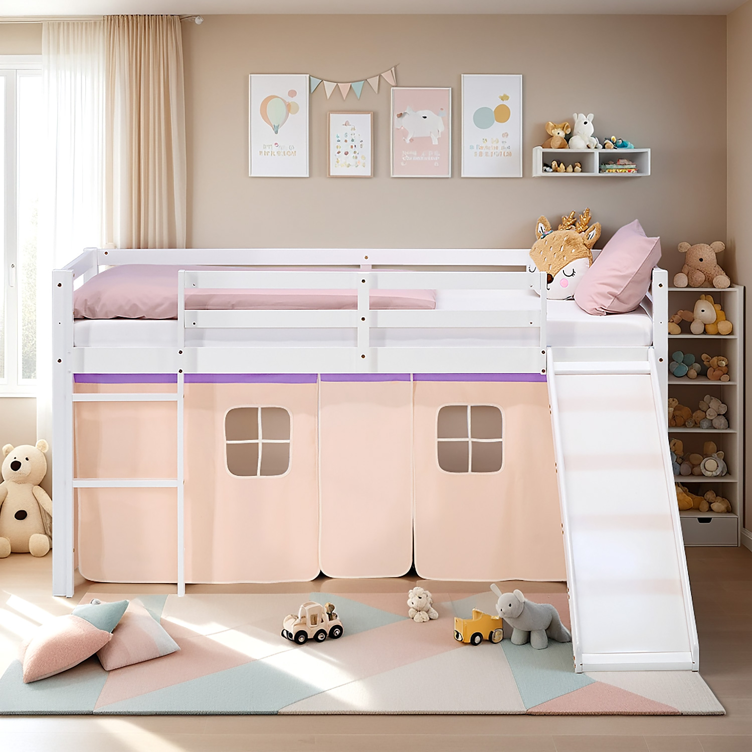 Loft Bed for Kids 90x200 cm White with Curtain in Lilac Beige | Slide | with Slatted Frame and Mattress