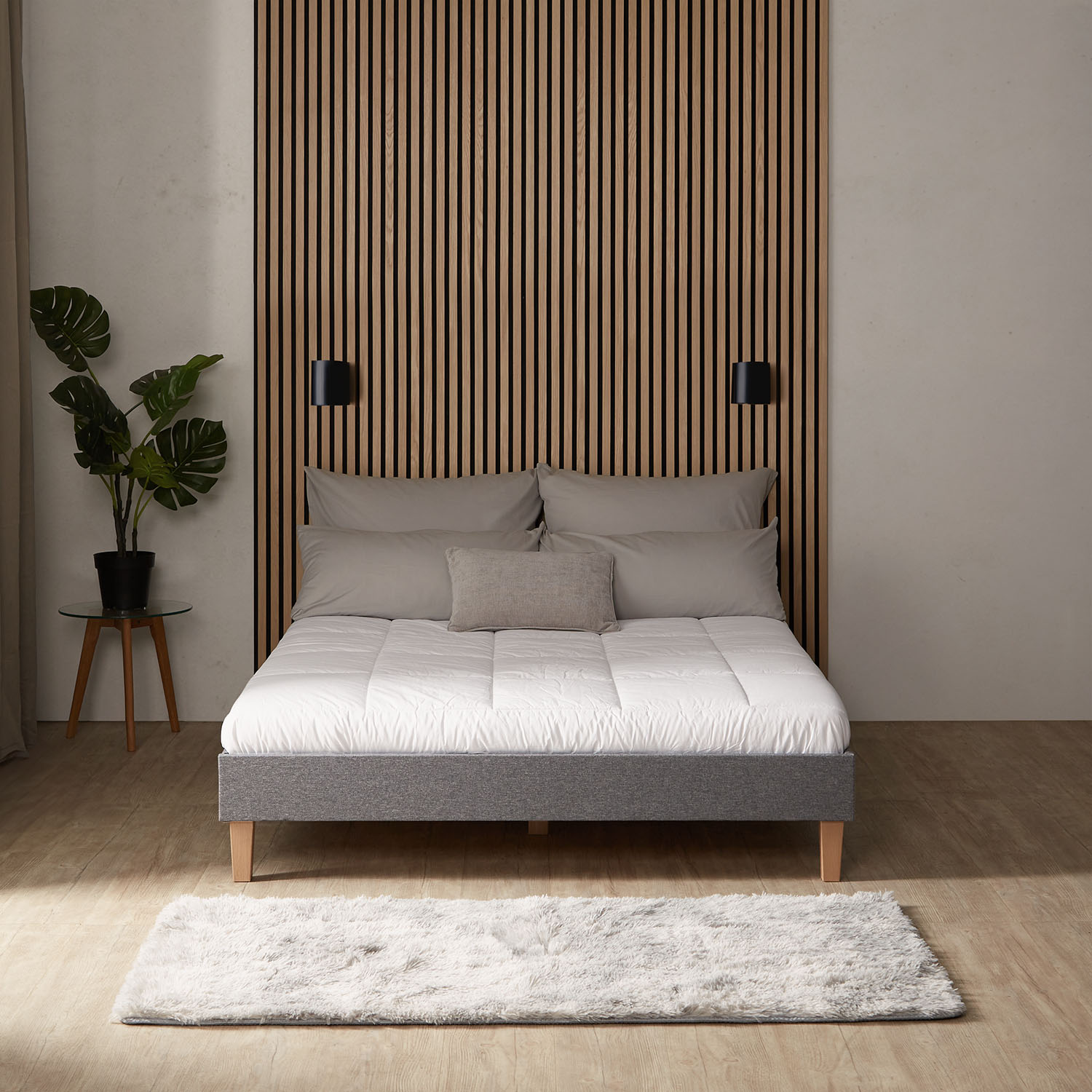 Upholstered Bed 140x200 cm Gray – Modern Futon Bed with Slatted Base | Minimalist Double Fabric Bed