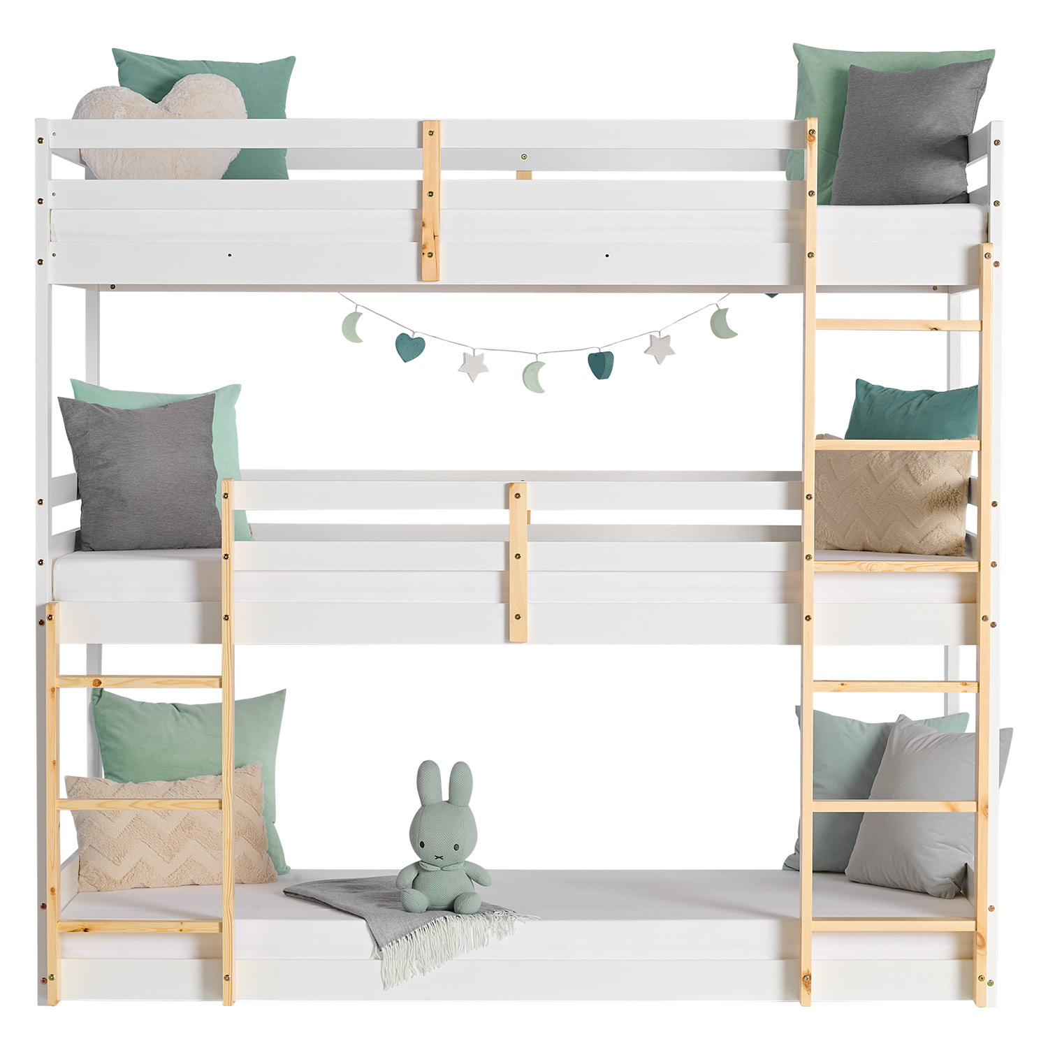 Bunk Bed 3 Levels 90x200 cm White | Ladders Natural | with Bed Drawer | with Slatted Frame