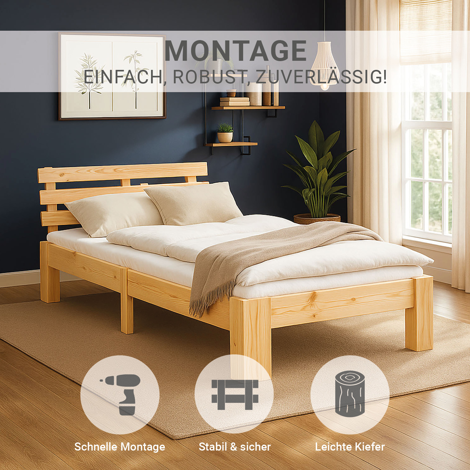 Wood Bed 90x200 cm Natural | Single Bed | with Spring Mattress | Solid | Youth Guest Bedroom