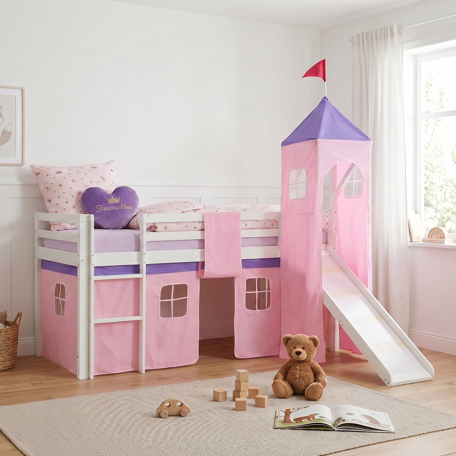 Children's Loft Bed 90x200 cm White with Pink Curtain | Slide | Tower | With Slatted Base | With Mattress