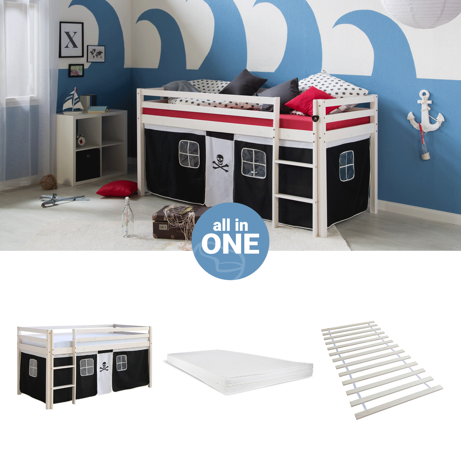 Loftbed 90x200 cm with Mattress Bunk bed Childrens bed Solid Pine Wood Slats Curtain Black Pirate