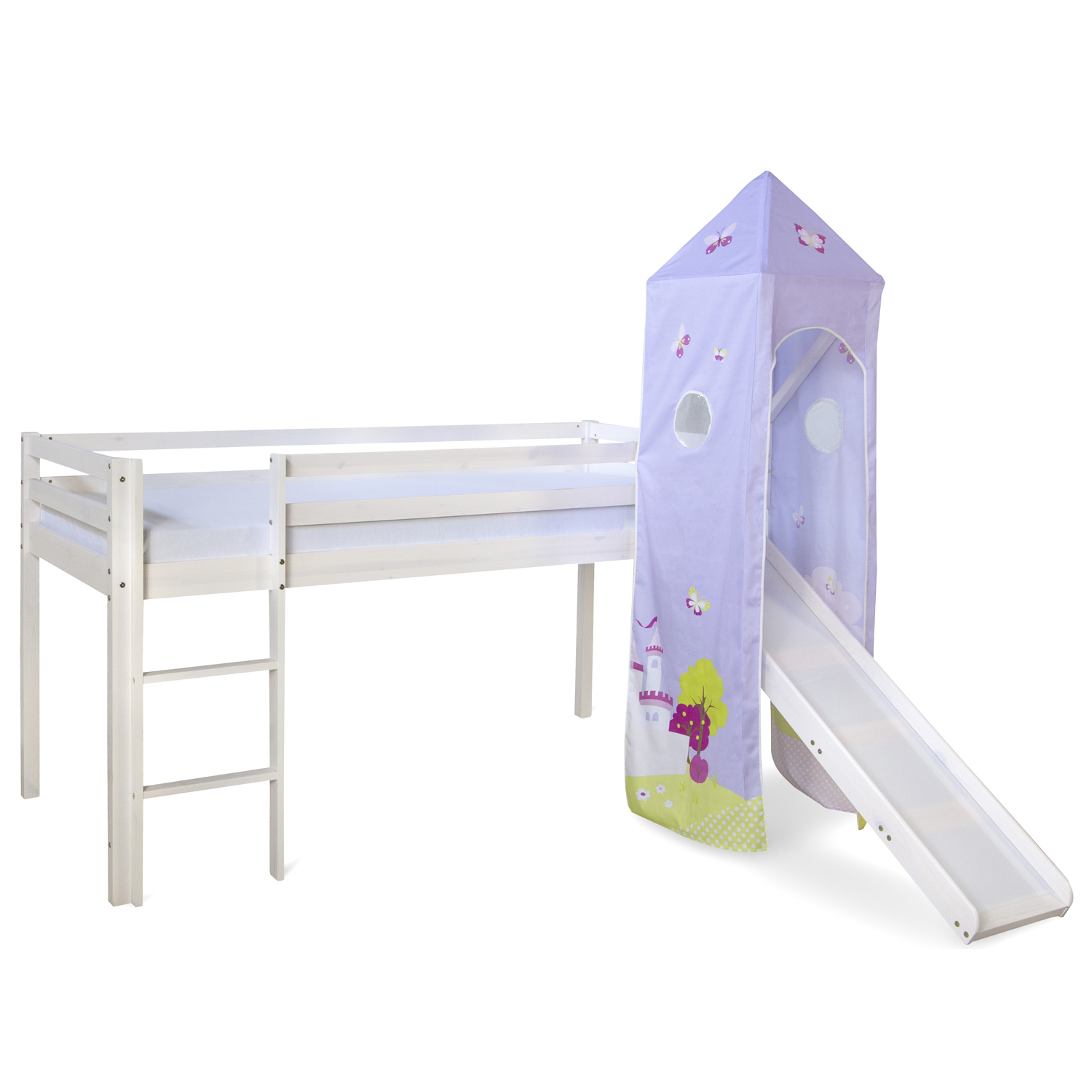 Loft Bed Kids 90x200 cm White with Curtain Purple Castle | Tower | Slide | without Slatted Frame