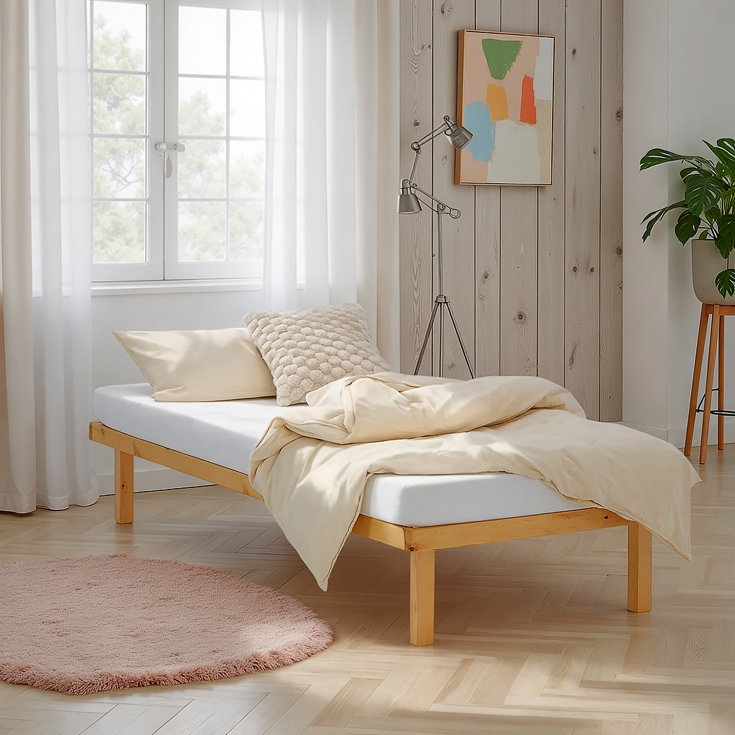 Wooden Bed 90x200 cm Natural | Single Bed | with Slatted Frame | Wood | Kids Youth Guest Bedroom