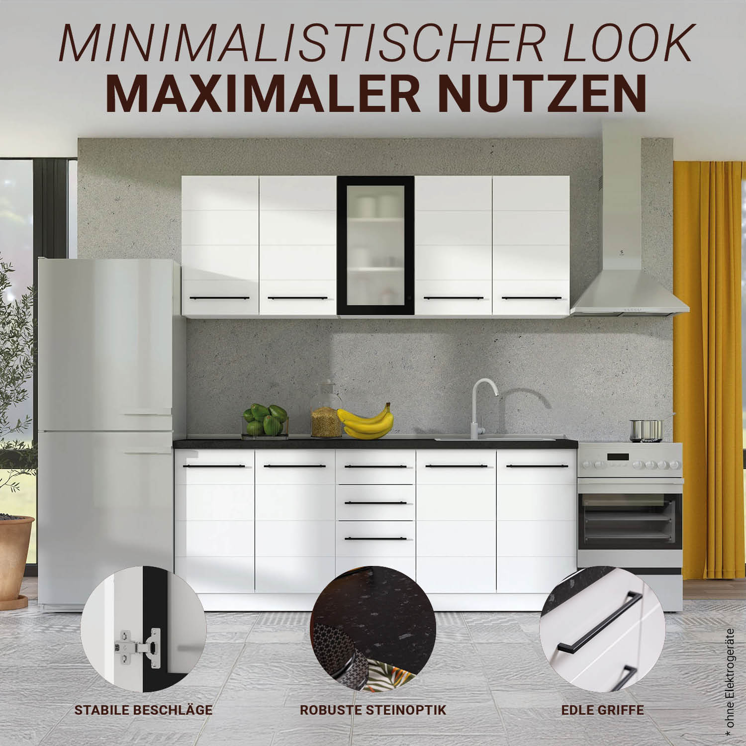 200 cm White Kitchen Unit – Modern Kitchen Unit Without Appliances, Featuring Storage Space