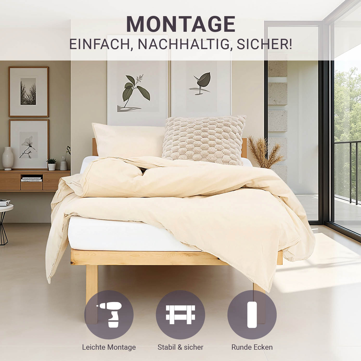 Wooden Bed 90x200 cm Natural | Single Bed | with Slatted Frame | Wood | Kids Youth Guest Bedroom