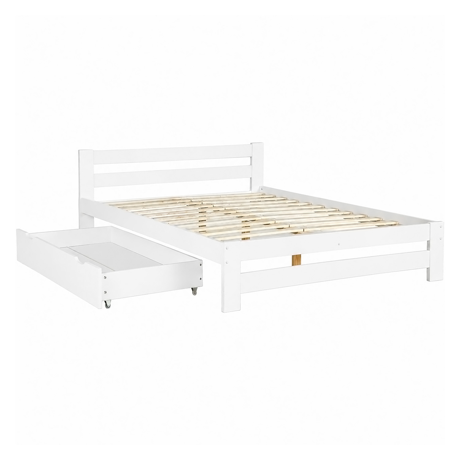 Wooden Bed 140x200 cm White – Solid Wood Double Bed with Storage & Slatted Base