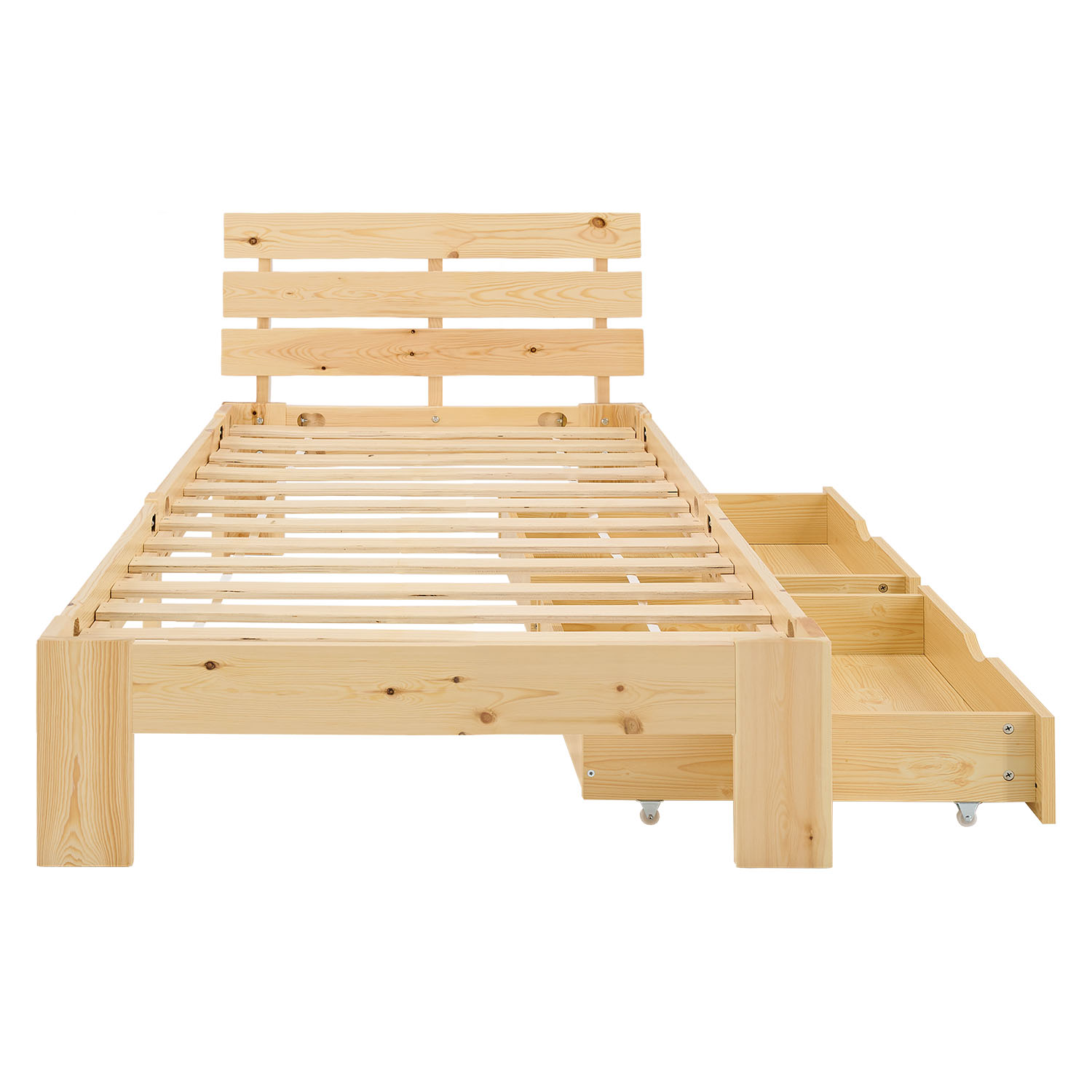 Wood Bed 90x200 cm Natural | Single Bed | with Mattress | 2 Drawers | Kids Youth Guest Bedroom