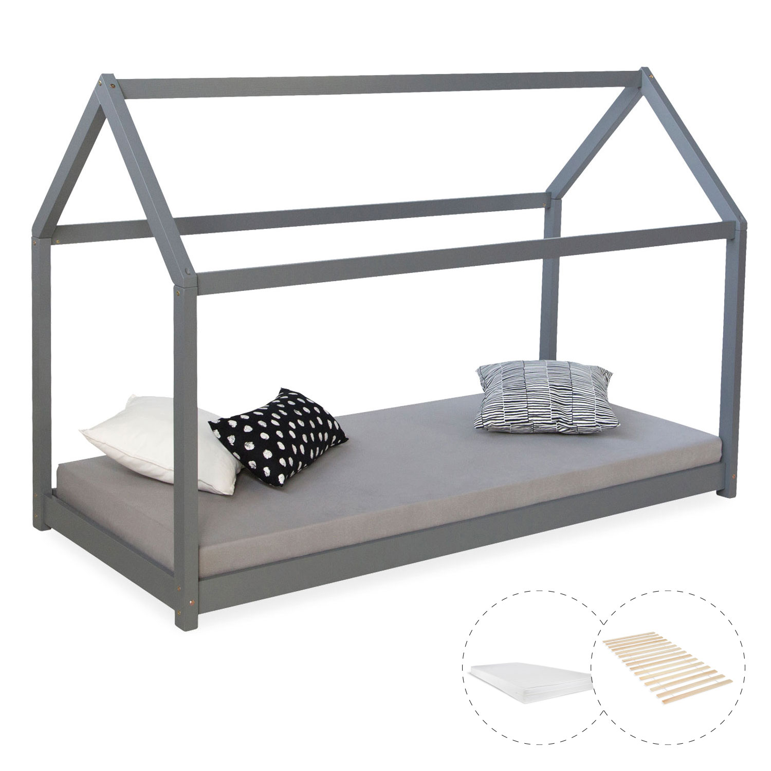 Childrens bed with mattress 90 x 200 cm playbed housebed wooden bed grey