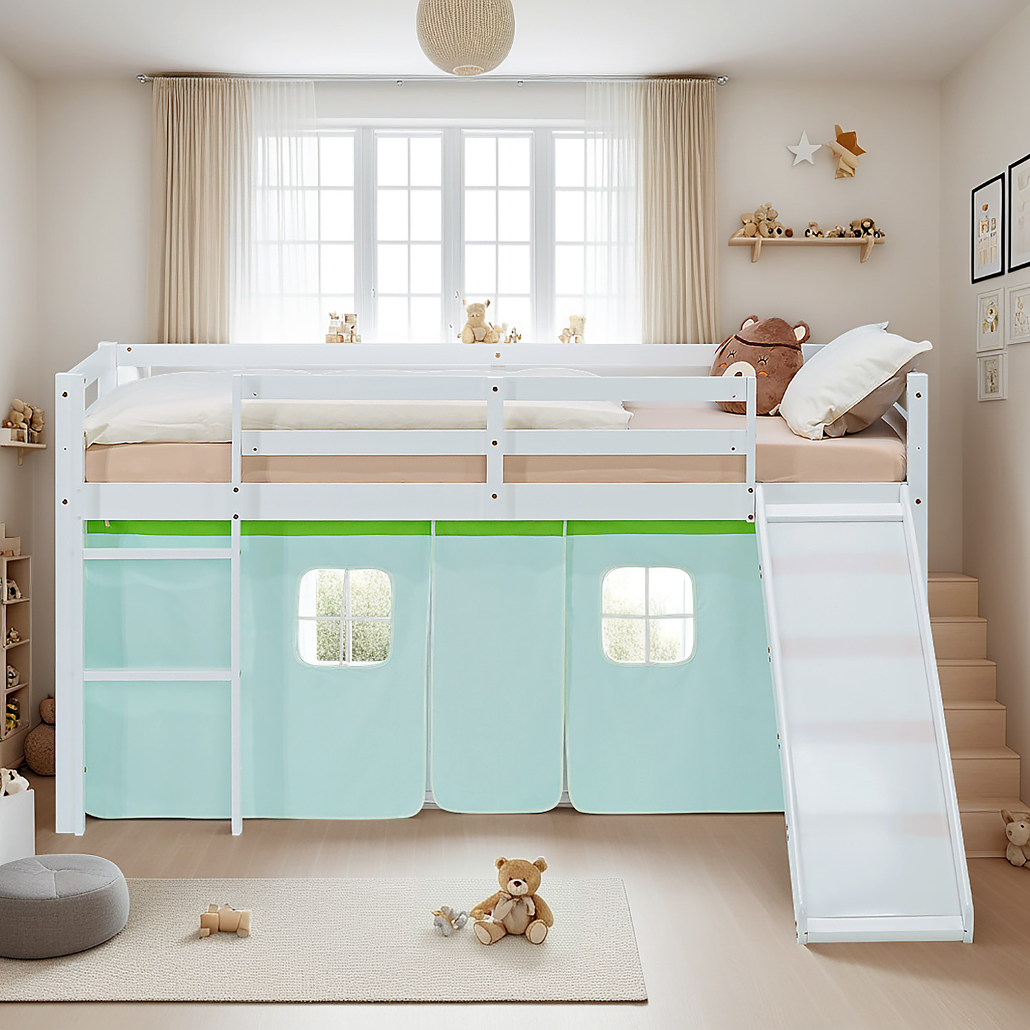 Loft Bed for Kids 90x200 cm White with Curtain in Green | Slide | with Slatted Frame and Mattress