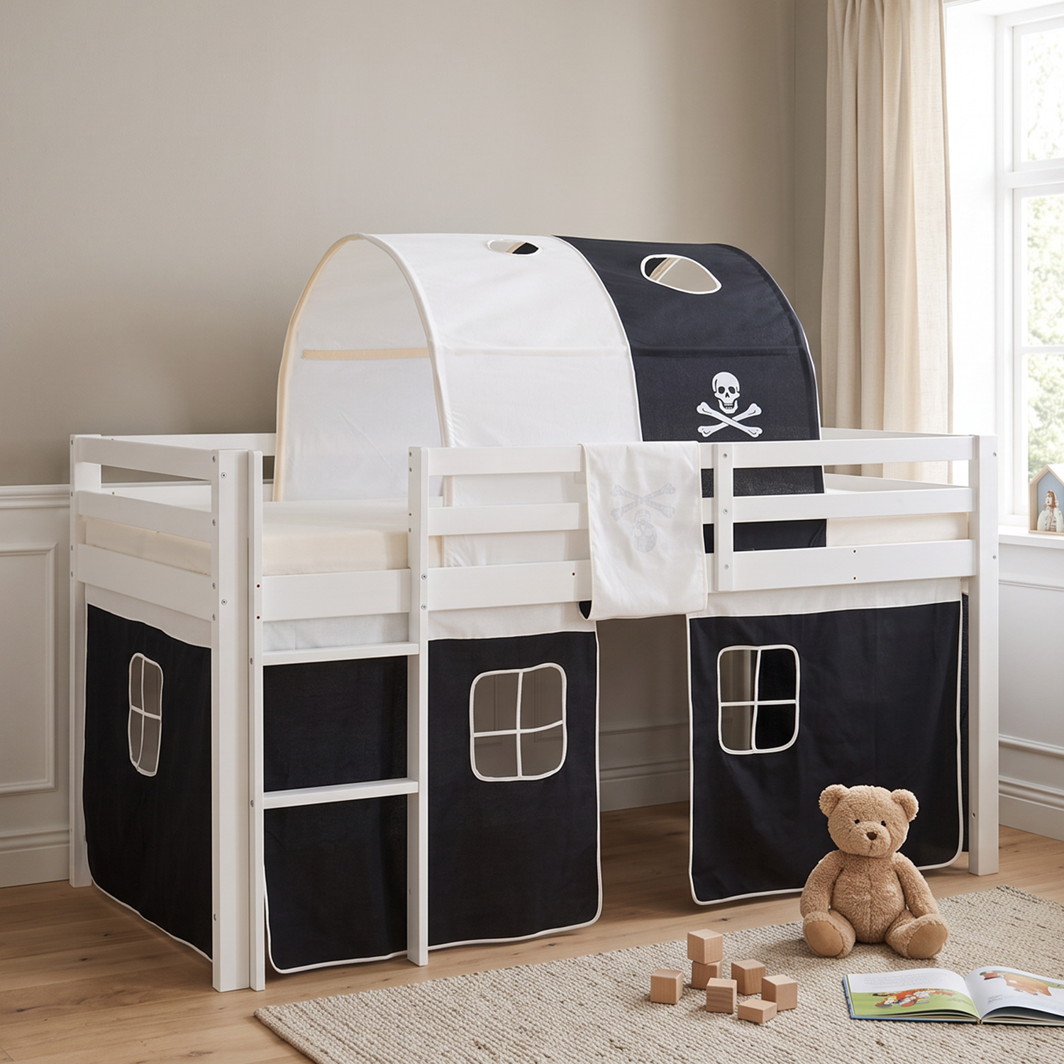 Children's loft bed, 90x200 cm, white with black curtain | Tunnel | Includes slatted base | Includes mattress