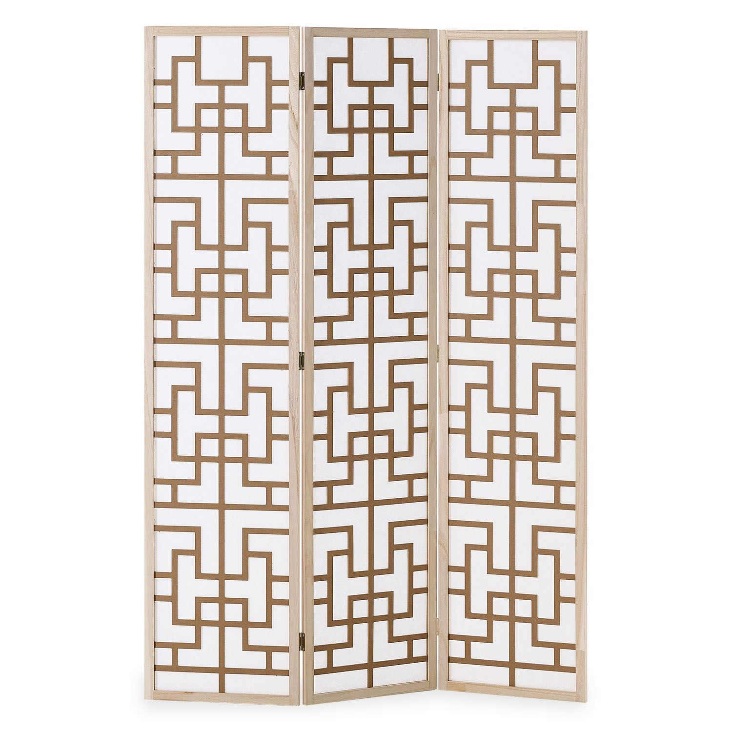 Paravent in Naturholzfarbe mit Holzelementen, 3 beweglichen Elementen und Shoji-Design. Der naturfarbene Paravent mit offenen rechteckigen geometrischen Mustern steht in einem hellen Wohnzimmer mit Sofa, bodenlangen Vorhängen und Topfpflanzen.