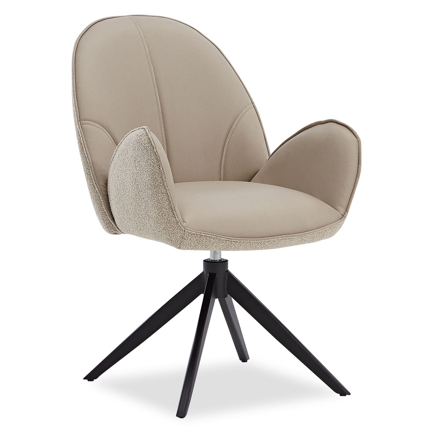 Modern beige swivel armchair with padded seat and soft fabric texture and black metal base for living room dining room or office