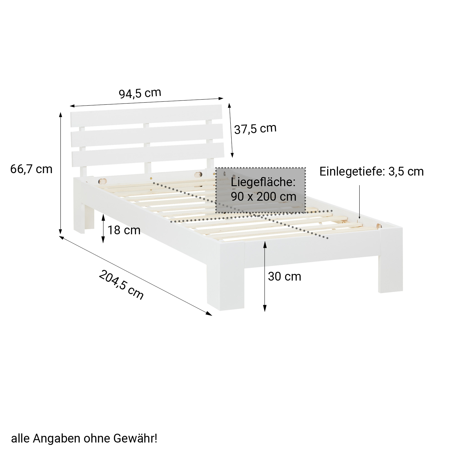 Wood Bed 90x200 cm White | Single Bed with Storage Drawer | with Slatted Frame | Solid | Kids Youth Guest Bedroom