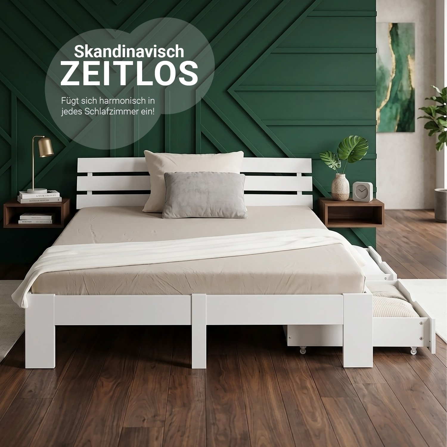 Wood Bed 180x200 cm White | Double Bed | with 2 Spring Mattress | 2 Drawers | Youth Guest Bedroom