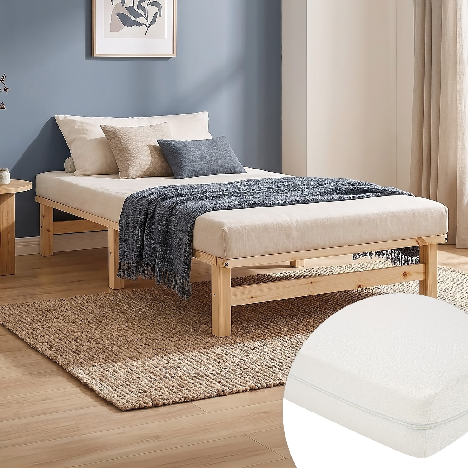 90x200 cm Natural Wooden Pallet Bed – Single Wooden Bed with Mattress & Slatted Base for Teen Rooms, Guest Rooms, and Bedrooms