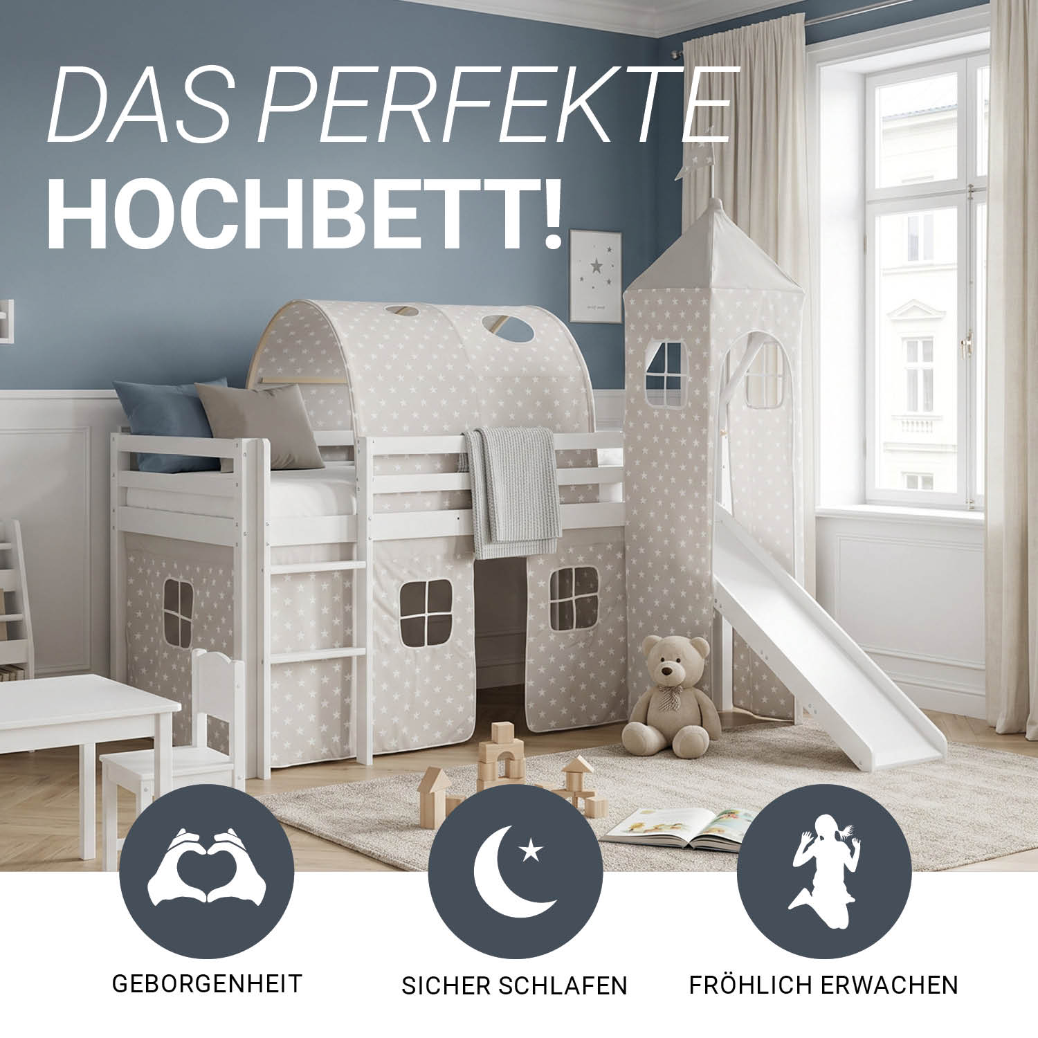 Children's Loft Bed 90x200 cm White with Star Curtain | Tunnel | Tower | Slide | Includes Slatted Base | Includes Mattress