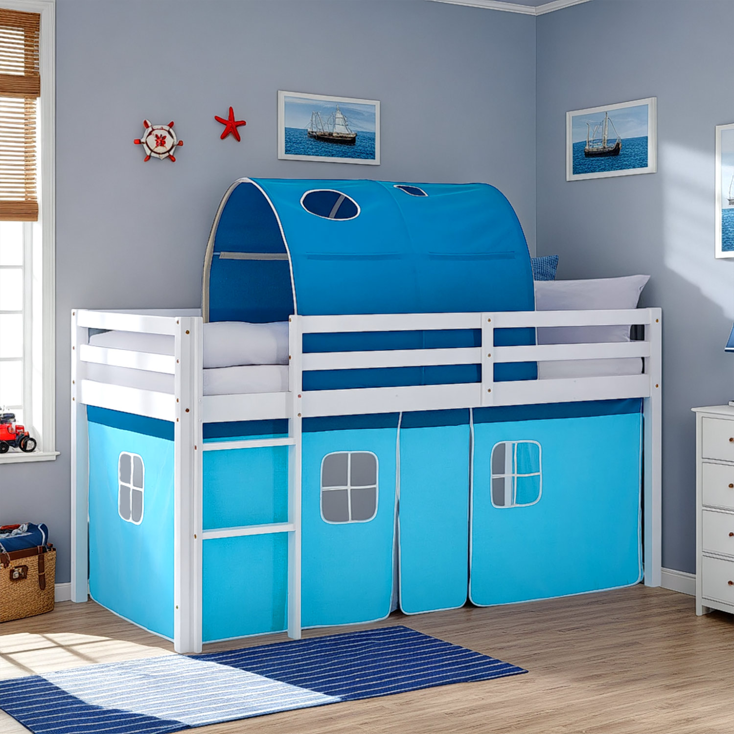 Children's Loft Bed 90x200 cm, White with Blue Curtain | Tunnel | Includes Slatted Base
