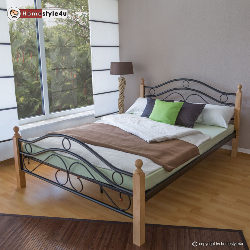 Metal Bed Iron Bed Double 160 x 200 Wood Slatted black natural bed frame 803