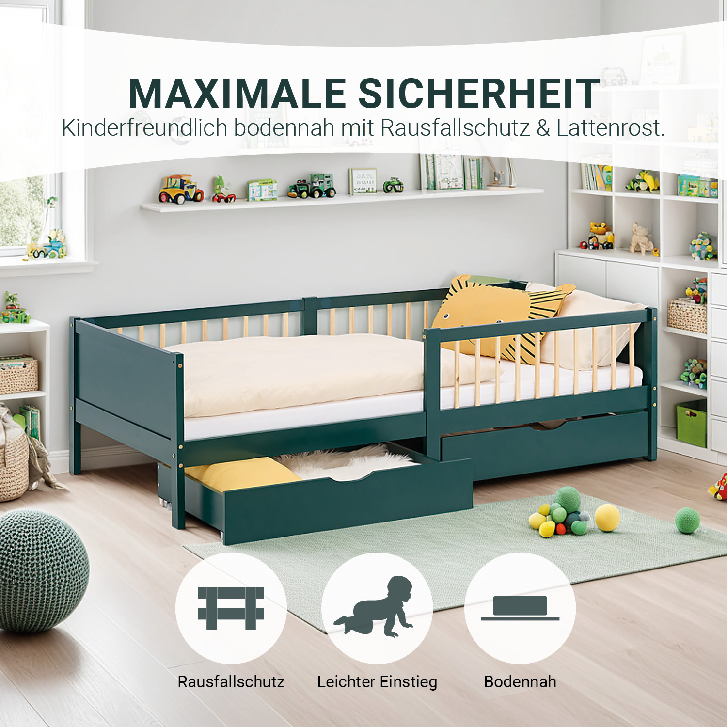 Children's Bed 90x200 cm Green | Wooden bed with 2 drawers | Single Bed | with Slatted Frame | Fall Protection