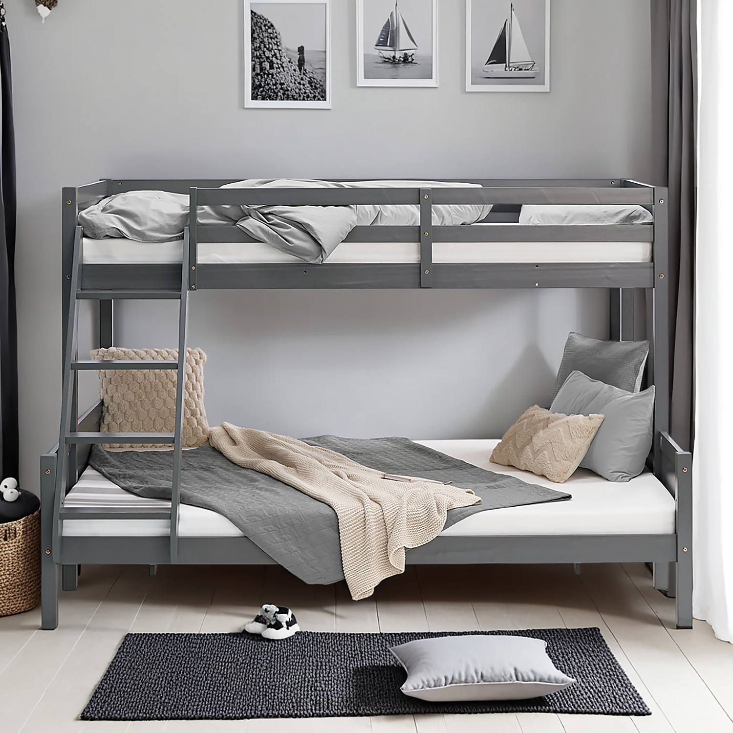 Bunk Bed with 2 Mattresses 90x200 and 140x200 cm Kids Bed Grey Wood Cabin Bed High Sleeper Bed Loft Bed Childrens Bed Twin Bed