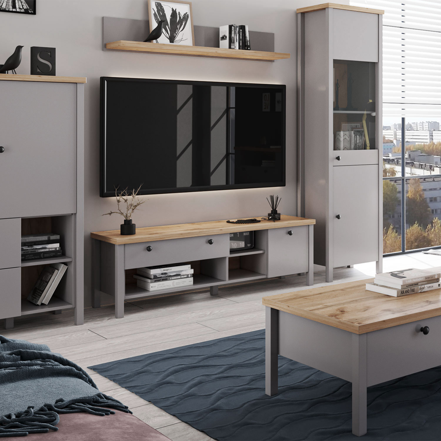 TV Board Grey TV Cabinet 146.5 cm Lowboard Sideboard TV Bench with Storage Natural Wood