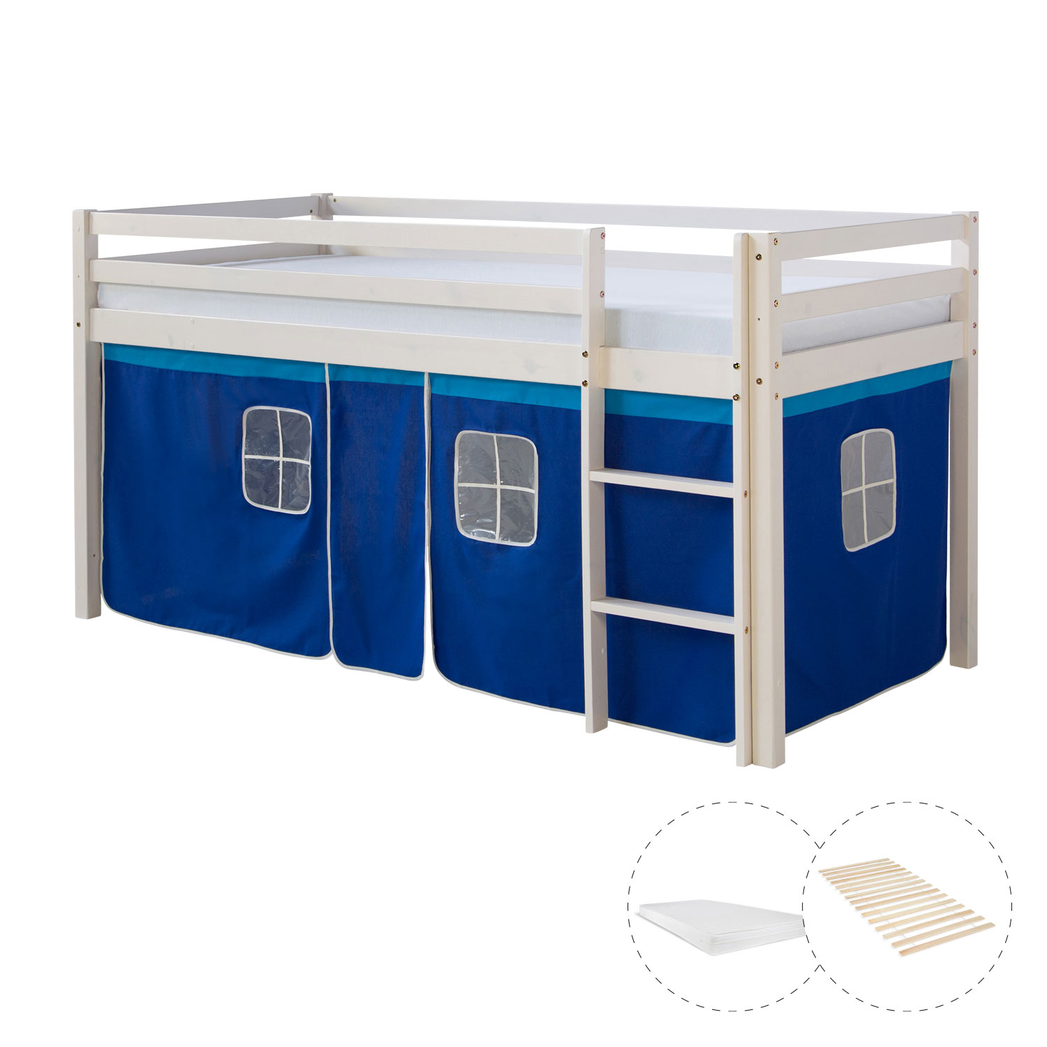Loftbed 90x200 cm with Mattress Bunk bed Childrens bed Solid Pine Wood Slats Curtain Blue