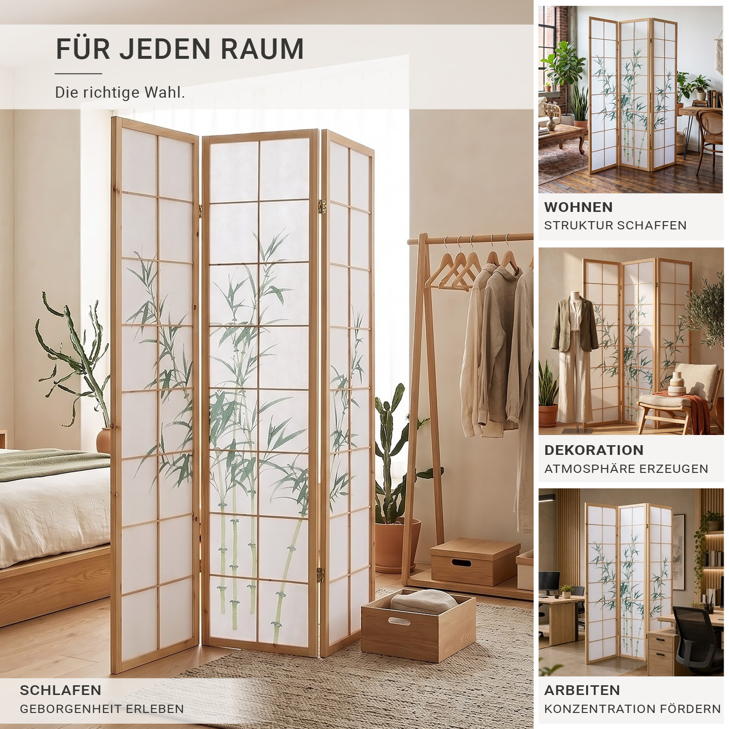 3-Panel Natural Screen – Shoji Room Divider with Bamboo Motif, Made of Wood and Rice Paper