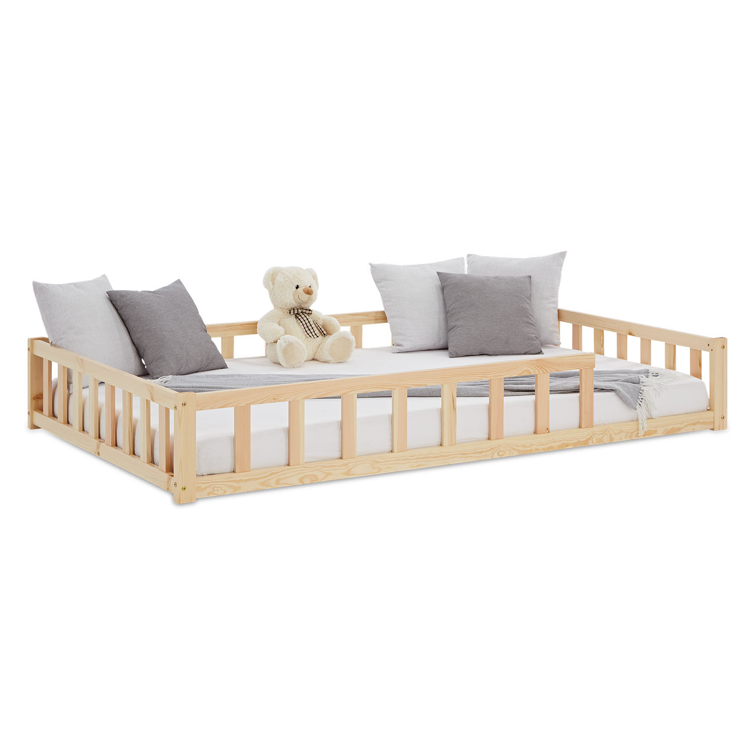 Toddler Floorbed 90x200 or 120x200 cm Montessori Bed with Barriers White Natural Wooden Infant Floor Bed Children's Bed Massif Kids Bed Single Bed Mattress