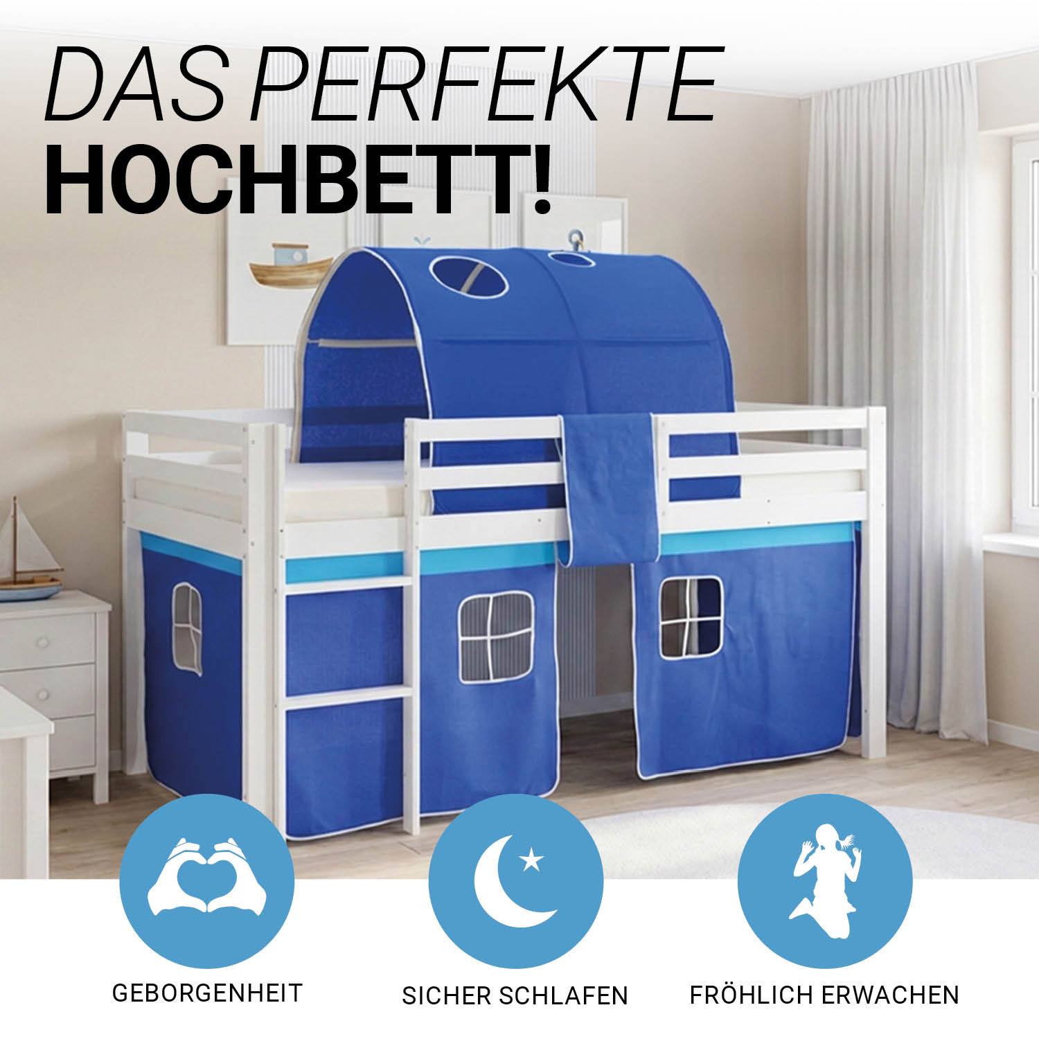 Children's Loft Bed 90x200 cm White with Blue Curtain | Tunnel | with Slatted Base | with Mattress
