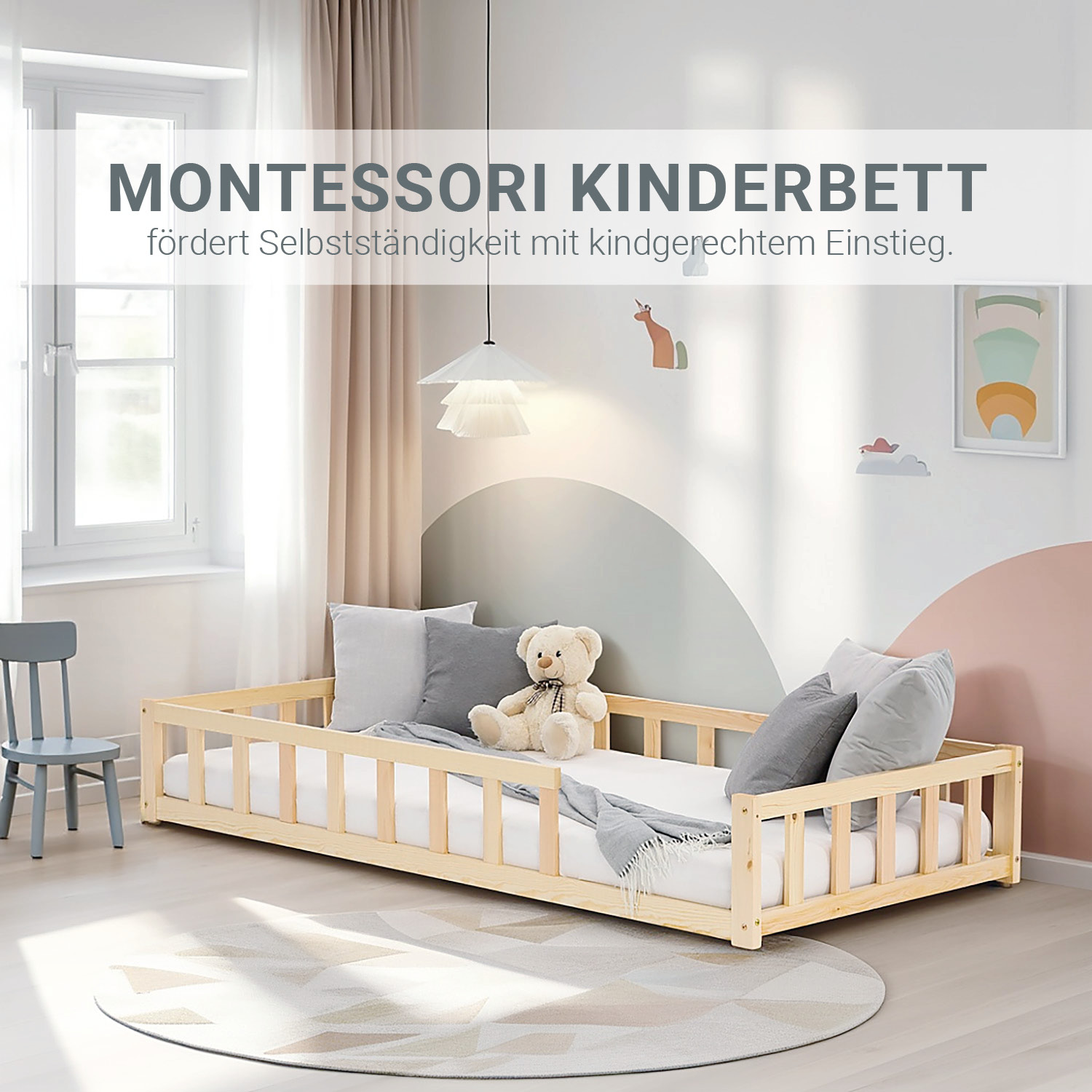 Children's Bed 90x200 Natural | Floor Bed with Mattress & Slatted Frame | with Fall Protection | Montessori